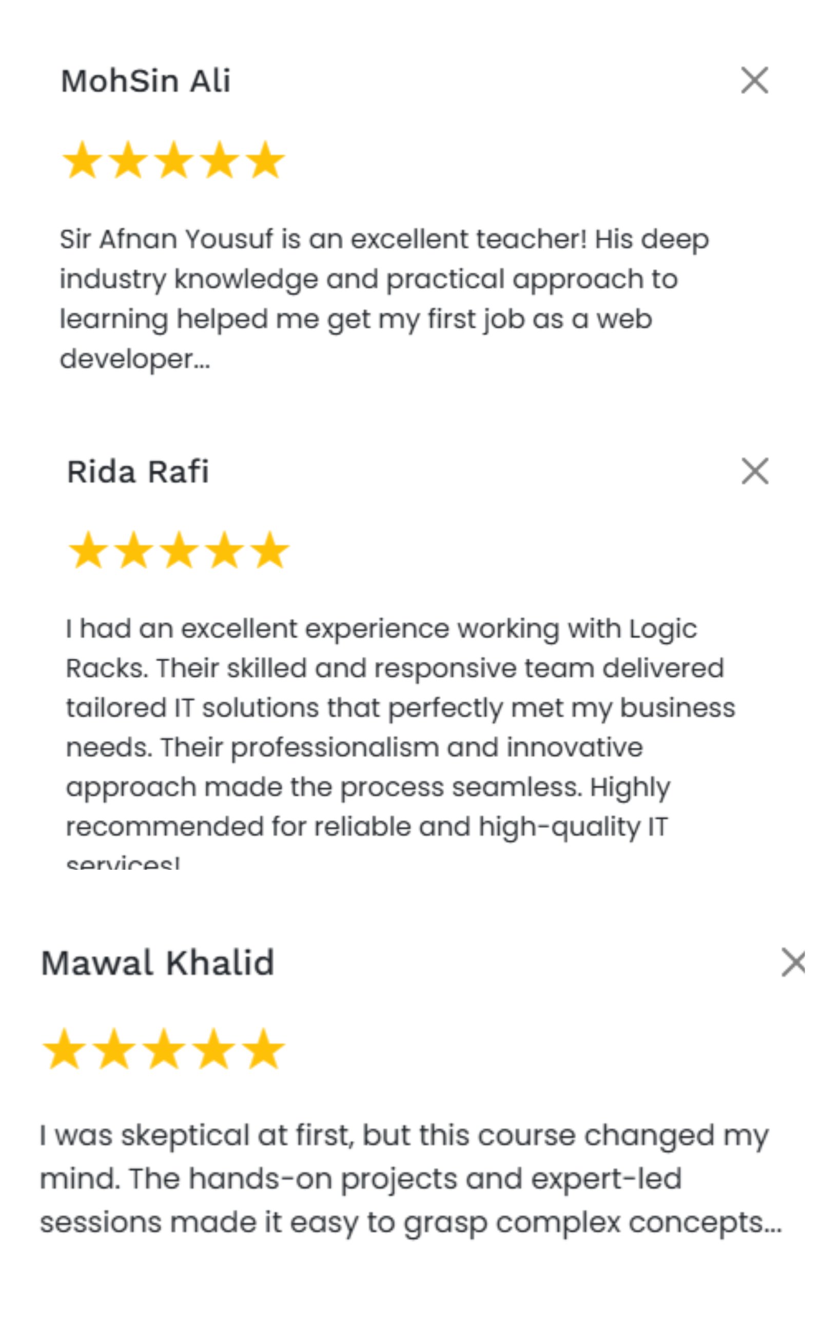Google reviews praising LogicRacks software training approach.
